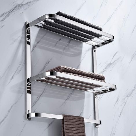 Étagère Flottante à 2 Niveaux avec Barre de Serviette, 61 cm de Large x 22 cm de Profondeur, étagère pour Salle de Bain, hôtel, Support Mural, matériel de Montage Inclus, Chrome Poli (1/5)