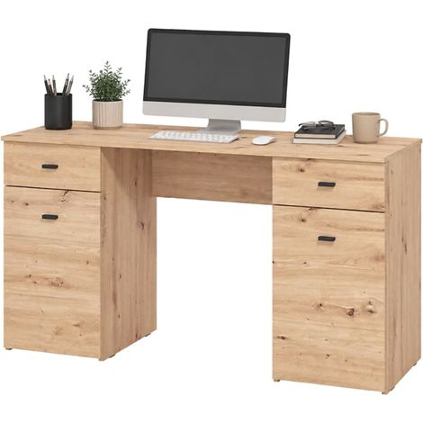 Schreibtisch Ziro, 2 Schubladen, 2 Regale, 2 Türen, 140x50x76h cm braun Eiche Knoten