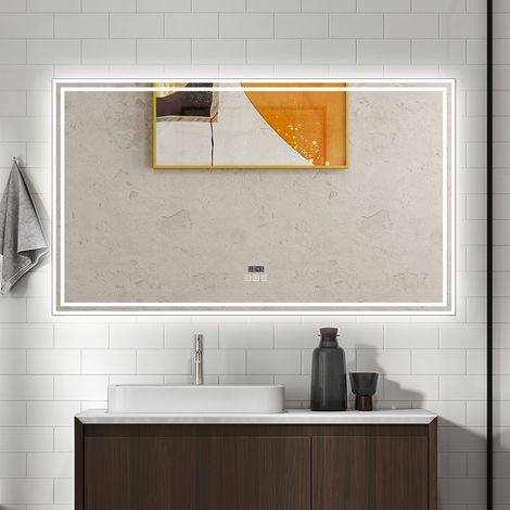 AICA Specchio da bagno rettangolare 120x70cm con Luce LED,Bluetooth，orologio,Antiappannamento,3 colori e luminosità regolabil, Funzione Memoria, IP44 (1/5)