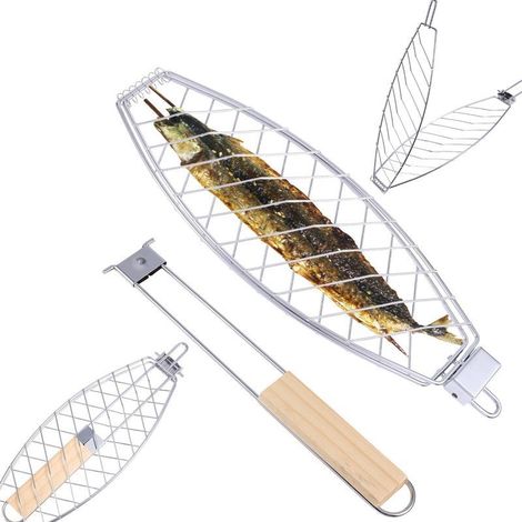 Panier Grillades Poisson, Panier à Pliable en Fer avec Poignée en Bois Grille Antiadhésive Ustensiles de Cuisine D'extérieur Idéal pour Tout Barbecue de Poisson (1/5)
