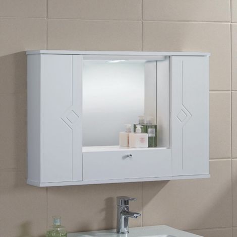 Specchiera mobile contenitore da bagno MERCURIO 90 bianco lucido a 2 ante e luce LED (1/4)