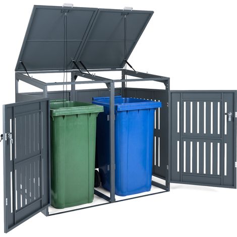 Abri pour Poubelles d'Extérieur pour 2 Conteneurs, Volume 1,24 m³ avec Amortisseurs à Gaz, Portes Verrouillables, Toit Incliné, Gris (1/5)