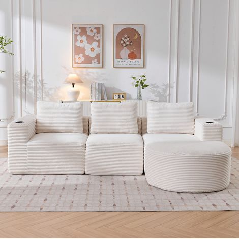 Canapé d’angle 265x176x60 cm beige en polyester rembourré avec 3 coussins et 2 porte-gobelets (1/5)