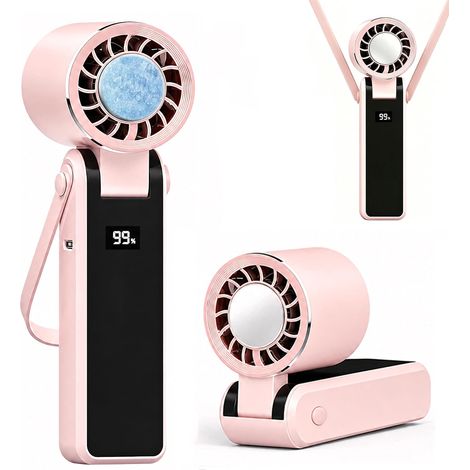 Ventilateur portable avec écran LED et compresse de glace, 5 vitesses, batterie rechargeable USB 1200 mAh, mini ventilateur pliable 2 en 1 avec cordon, refroidissement instantané (rose, avec (1/5)
