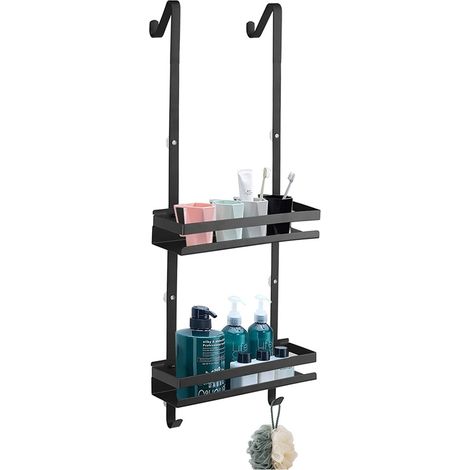 Étagère de Douche à Suspendre Rangement Douche Sans Percage Acier Inoxydable Rangement Salle de Bain et WC avec 2 Crochets Support Douche 2 Niveaux Noir (1/4)