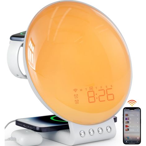 Lampe de Réveil Lumineux avec Simulation de Lever de Soleil en Plein Écran, Veilleuse pour Adultes et Enfants avec Chargeur sans Fil, Contrôle Tactile/APP (1/5)