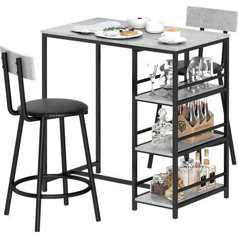 Bartisch-Set mit 2 Hockern und Ablageflächen, grau und schwarz, für Esszimmer oder Küche