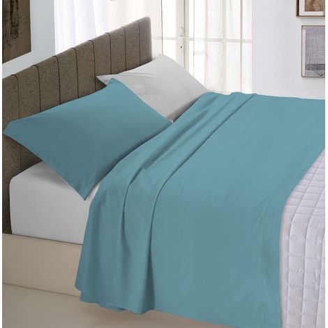 Completo letto totalmente realizzato in cotone a tinta unita bicolore Ottanio/Grigiochiaro - 1 Piazza e Mezza