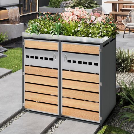 Cache-poubelles extérieur double avec bac à plantes, acier galvanisé, gris bois DESVIAE (1/5)