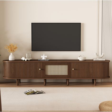 Mueble TV ovalado de 180 cm en MDF estilo ratán, patas regulables, nogal oscuro DESVIAE (1/5)