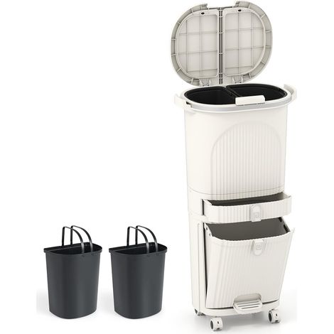 COSTWAY 42L Pattumiera da Cucina con Coperchi, Bidone per Raccolta Differenziata a 3 Piani con 2 Secchi Rimovibili, Pedale e Ruote, Contenitore per Rifiuti (Beige,3 piani) (1/5)