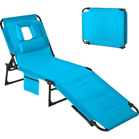 Transat de plage pliable bleu, trou visage, dossier 5 positions (1/5)