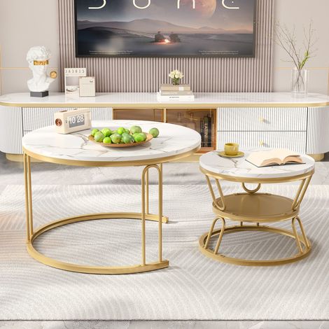 2er-Set runde Couchtische (Satztische), Marmorplatte, U-Design, Metallgestell, moderner Stil, 70x70x44 cm + 45x45x36 cm, Gold