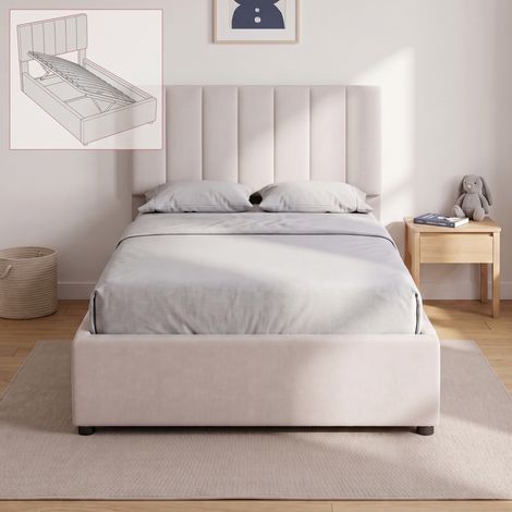 Lit coffre 90x200 cm avec sommier, lit simple enfnat avec tête de lit réglable, tissu lin, style moderne, Beige (1/5)