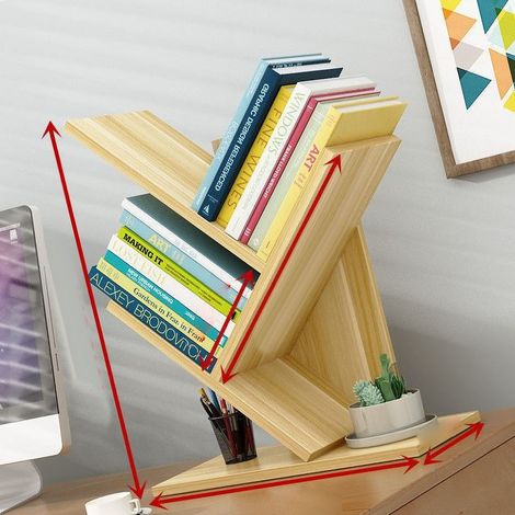 Étagère en forme d'arbre en bois massif, ingénieuse, à 3 niveaux, pour un rangement optimal de vos livres au bureau, à la maison ou à l'école. Couleur noyer clair. (1/4)