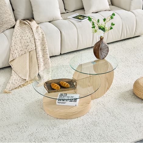 Table basse ronde à deux niveaux en verre trempé, plateau 50 cm et base 70 cm, MDF aspect pour salon - bois clair (1/5)