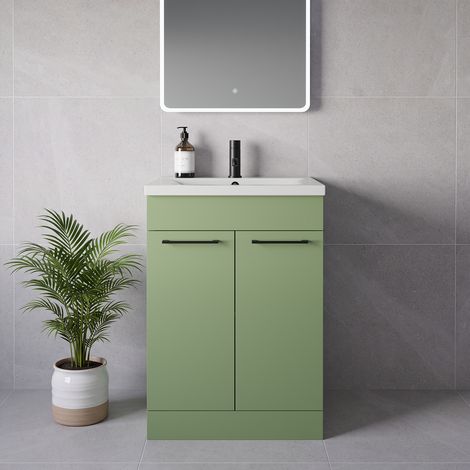 Napoli 460 Olive Green 600mm 2 Door Vanity Unit with Glide Basin - 600mm - Matt Black 160mm Handle