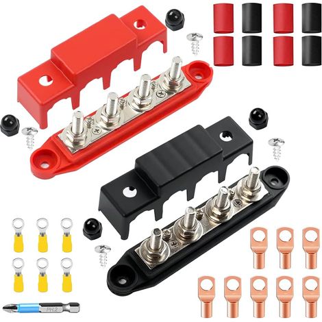 Set di 2 barre collettrici da 12 V-48 V CC con 4 bulloni terminali M8, scatola barre collettrici da 250 A per auto, camper, barca, yacht (1/5)