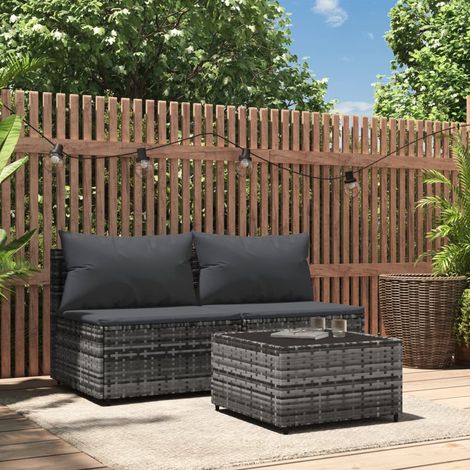 Salon de jardin 3 pcs - Ensemble Table et Chaise de Jardin - avec coussins Gris Résine tressée BV151609 - BonneVie (1/5)