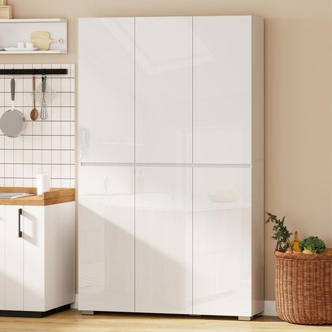 Meuble de rangement cuisine haute brillance, armoire buffet 6 portes avec fermeture amortie, étagères ajustables, finition blanche, placard de salle à manger. (1/5)