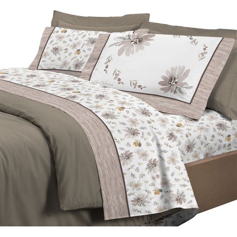 Completo letto set lenzuola 100% cotone di flanella linea Fiore Singolo - Beige