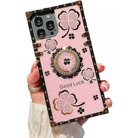 Quadratische, pinkfarbene Hülle für iPhone 13 Pro Max, luxuriöses Kleeblattmuster, stoßfester Schutz, extrem widerstandsfähige Handyhülle mit Ständerring (1/3)