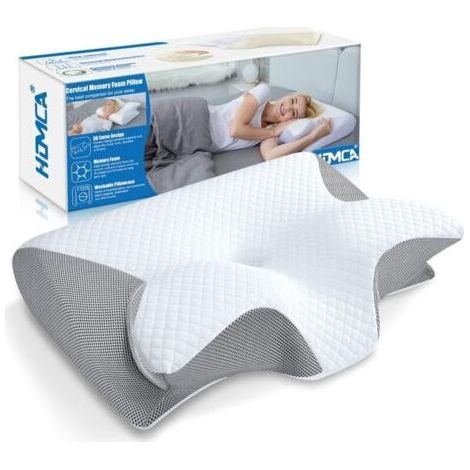 Oreiller Ergonomique Cervical, 2 en 1 Oreiller à Mémoire de Forme pour la Nuque, Coussin pour Dormir sur Le Côté et sur Le Dos, 60x40x12/14cm, Gris (1/5)