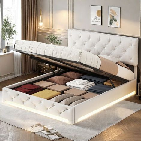 Bett 160x200 CM mit Lattenrost, Doppelbett, LED, Hydraulikbett 160x200 mit Stauraum unter dem Bett, verstellbares Kopfteil, Beige