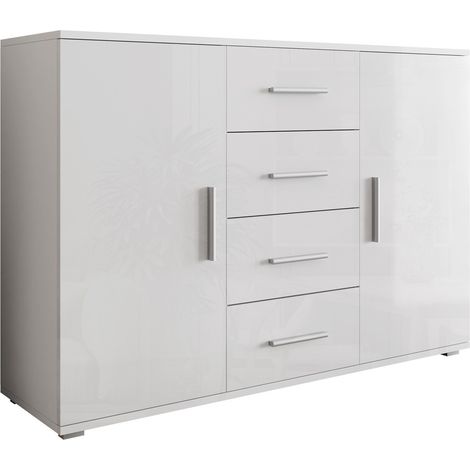 Cómoda Charlotte 118, Blanco + Blanco brillante, Con cajones y puertas, Número de cajones: 4, 92x132x38cm