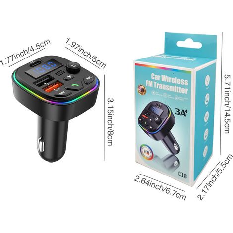 C18 Car Bluetooth MP3 Player, New FM Transmitter, Bluetooth Receiver, Dual USB Car Charger, with Ambient Light -- C18 Color Box Packaging (1/2)