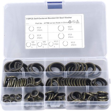 Kit 110 joints d'étanchéité huile M6 M8 M10 M12 M14 M16 M18 M20, rondelles caoutchouc métalliques, garnitures anti-fuite pour visserie. (1/5)
