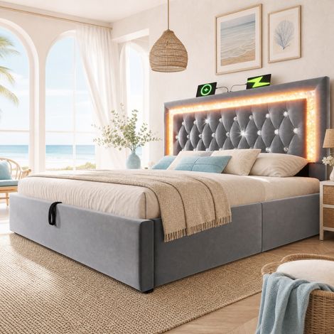 MEUBLIV Lit 180x200 cm gris – cadre avec LED, USB-C et rangement, sans matelas (1/5)