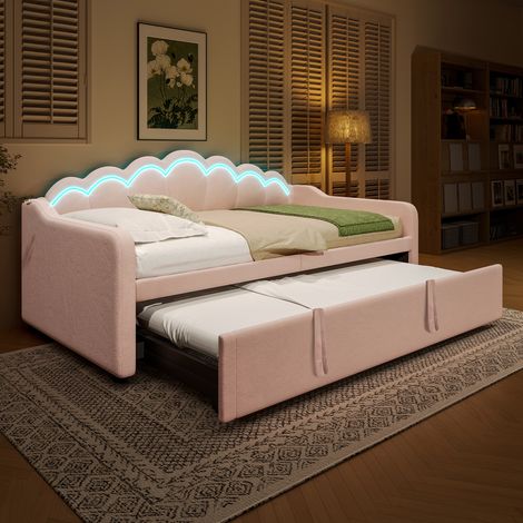 Canapé-lit jour escamotable simple et double en velours rose, 90x200 cm (180x200 cm), sans matelas, avec bandeau LED multicolore