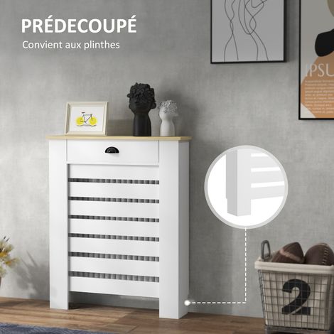 Cache-radiateur mural avec 2 tiroirs en bois, design à lattes horizontales, blanc, 78x19x95,5 cm, rangement pratique et sécurité enfant (1/5)