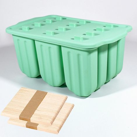 Moule à glace 12 cavités en silicone alimentaire – Couleur verte – Démoulage facile, couvercle anti-fuites, résistant de -40°C à 230°C, BPA Free, avec 50 bâtonnets en bois (1/2)