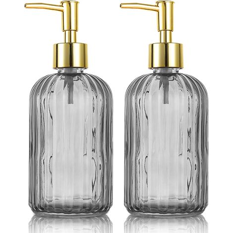Lot de 2 Distributeurs Savon Verre 500ml - Design Rétro Gris - Pompe Anti-Corrosion - Pour Salle de Bain et Cuisine (1/5)