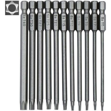 Jeu de 11 embouts longs Torx pour tournevis et visseuse électrique - Embouts magnétiques - Tige hexagonale de 1/4" - Tailles T6 à T40 - Longueur 100 mm