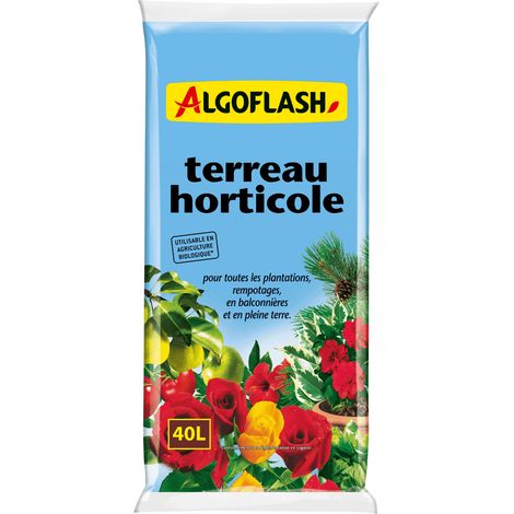Terreau horticole 40L – Mélange de sphaignes blonde et brune – Fumier pour matière organique – Améliore la rétention en eau – Algoflash