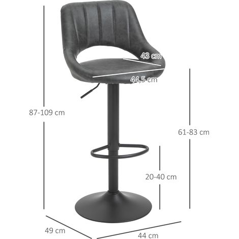 Lot de 2 tabourets de bar, aspect cuir, pivotants, réglables en hauteur, avec repose-pieds et structure en métal, 47 x 52 x 87-109 cm, gris (1/5)