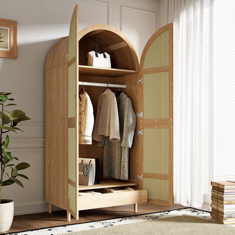 Armadio con porte curve, stile classico, grande spazio di stoccaggio, con porte in rattan, guardaroba e cassetti per vestiti, armadio per camera (1/5)