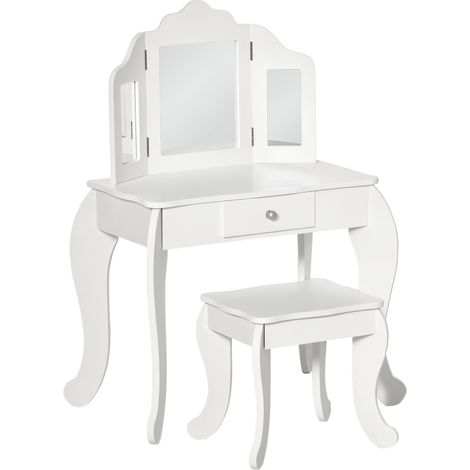 Toeletta per bambini 2 in 1 con sgabello specchio trittico cassetto scorrevole 63 x 40 x 85,5 cm design pulito in MDF bianco 210000144