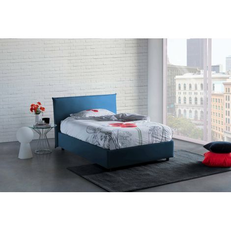 Talamo Italia Lit carré et demi Ashasa, Lit conteneur avec revêtement en tissu, 100% Made in Italy, Ouverture frontale, convient pour matelas Cm 120x190, Bleu, avec emballage renforcé (1/5)