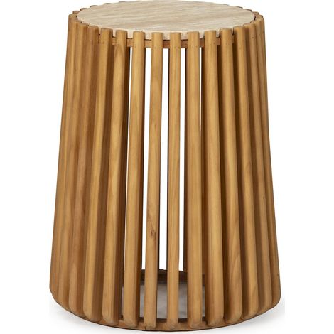 Table d'appoint bois et marbre travertin style naturel élégant - Bois naturel et travertin beige (1/2)