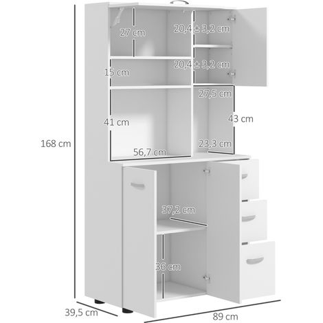 Buffet de cuisine blanc, grand meuble de rangement avec 3 tiroirs et 3 tablettes, dimensions 89 x 39,5 x 168 cm, spacieux et pratique (1/5)