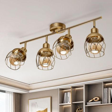 Luminaire Intérieur Lustre Cuisine Plafonnier 4 Spots LED Orientables, Spot de Plafond Industriel Doré Metal Lustre Salle à Manger pour Chambre, Salon, Couloir (Sans Ampoule) (1/5)