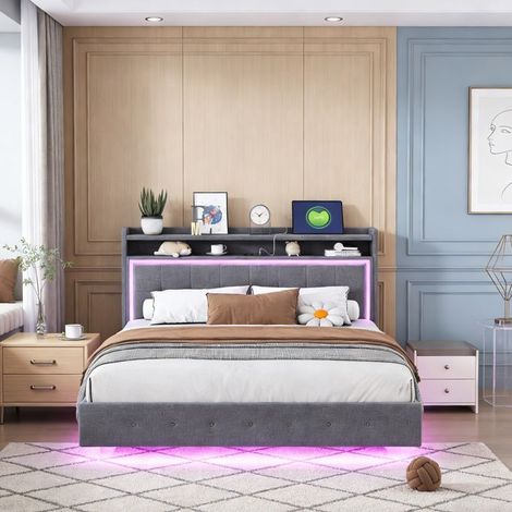 NEXU Doppelbettstruktur, 160 x 200 cm, Schwimmendes Bett, Bett mit LED-Beleuchtung, Kopfteil, Mehrfachsteckdose, Grau