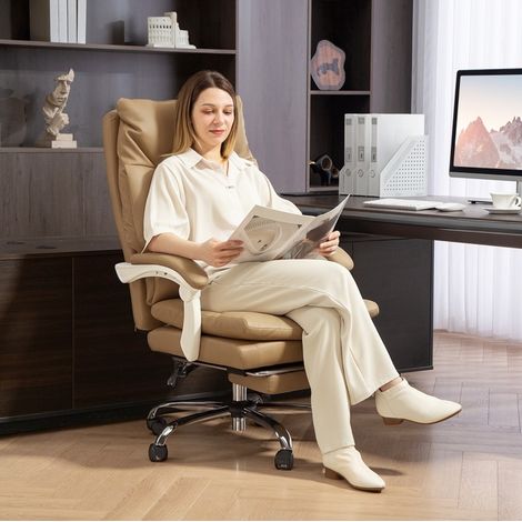 MEUBLIV Silla de oficina ergonómica marrón claro con soporte lumbar y reposapiés (1/5)