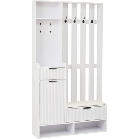 Mobile ingresso 6 in 1 con 8 ganci, panca portascarpe, cassetti e armadio, bianco (1/5)