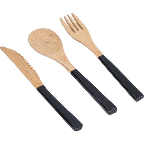 3-teiliges japanisches Besteckset aus Kampferholz, bestehend aus schwarzem Löffel und Gabel, tragbares Essgeschirr (1/5)