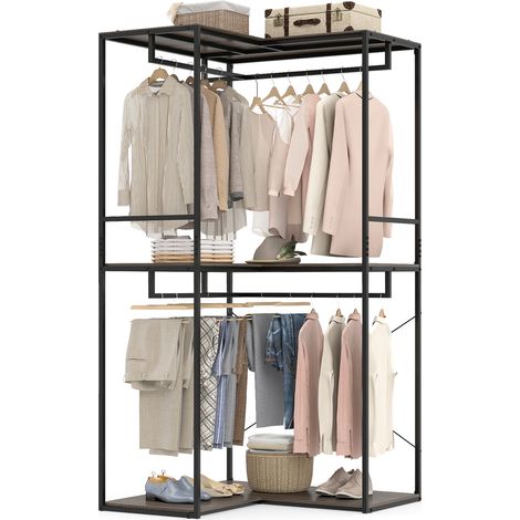 Portant a Vetement d'Angle Style Industriel, Penderie Vetement Dressing avec Étagères de Rangement et Tringle, Portique Vêtement, 100 x 100 x 200 cm (1/5)